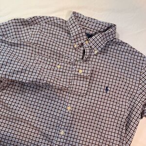 Ralph Lauren Gingham Button Down Long Sleeve Blue Brown Size L Preppy‎ Classic